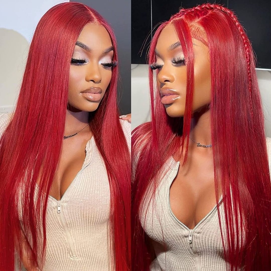 13*4 Transparent Lace Front Colored Wigs 180 Density - Red